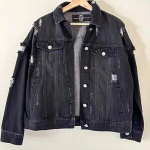 Hipchik Couture Star Embellished Distressed Denim Jacket Black L